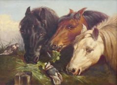 'Three Horses Feeding', oil on canvas, indistinctly signed, dated 1882, framed. 29 x 39 cm.