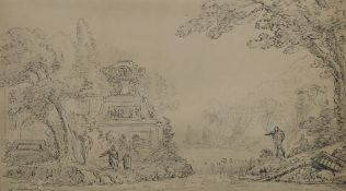 A RADOMAKER, Classical Gardens, pen and ink, signed, mounted. 27.5 x 48.5 cm.