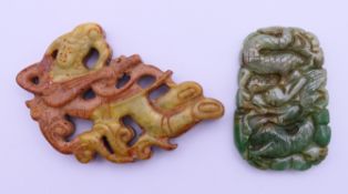 Two jade carvings. Dragon carving 7 x 4.5 cm.