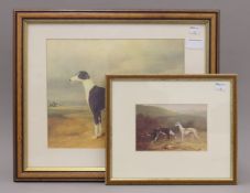Two greyhound coursing prints, each framed and glazed. The larger 39 x 45 cm overall.