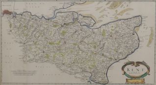 ROBERT MORDEN, a hand-coloured map of Kent, framed and glazed. 35 x 63.5 cm.