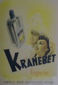 A promotional poster for KRANEBET Liquore, framed and glazed. 100 x 72 cm overall.
