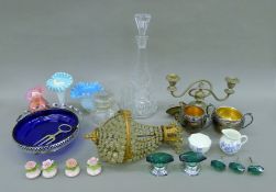 A quantity of various glass and metalware to include a light fitting, vases, door handles, etc.