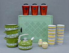 A mid-century meat safe, a kettle and sauce pans, a set of tea,