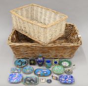 A quantity of various cloisonne ware, etc. and two baskets. The larger basket 53 cm wide.