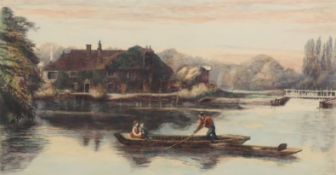 Punting Scene, coloured lithograph, framed and glazed. 26 x 46 cm.