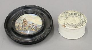 Two Victorian pot lids, one framed. The latter 17 cm diameter.