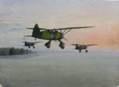 Lysanders Taking Off, watercolour, indistinctly signed. 29.5 x 39.5 cm.