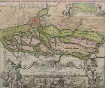 A large late 17th century hand-coloured map of Hamburg and the River Elbe by Johann Baptist Homann