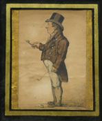 A 19th century print of a Gentleman Holding a Pipe and a Candle Snuffer, framed and glazed. 14 x 9.