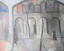 VLADIMIR PENEV (born 1958) Bulgarian, Empty Cafe Tables with Figures in the Background,