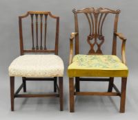 A 19th century mahogany open armchair with tapestry seat and a 19th century mahogany side chair.