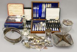 A quantity of various silverplate. The biscuit barrel 21 cm high overall.