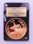 A boxed 2016 Her Majesty Queen Elizabeth II 90th birthday 22 ct gold quintuple sovereign 05/90.