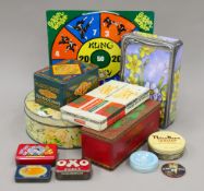 A small collection of vintage tins and an advertising hand mirror. The latter 5.5 cm diameter.