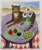 After MARY FEDDON (1915-2012) British, Cat on a Table, watercolour, signed Feddon,