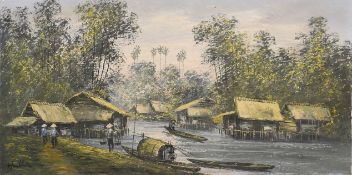 A pair of South East Asian oil paintings: Riverside Villages, indistinctly signed, one framed.