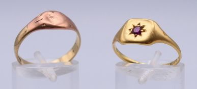 An 18 ct gold ruby set signet ring and a 9 ct gold signet ring. Ruby set ring size O/P and 2.