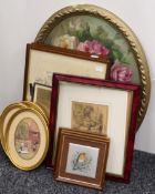 A small quantity of pictures and prints, including a still life oil of Flowers,