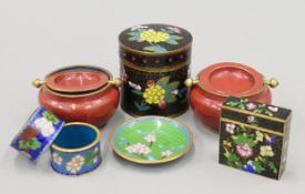 Various cloisonne ware, including two lidded boxes, one with signed seal mark, napkin rings etc.