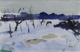 RON OLLEY, The Forest of Chize in the Snow (France), watercolour, signed, framed and glazed.