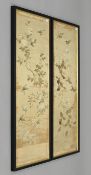 A pair of framed Chinese embroideries of birds amongst foliage, together with a smaller example.