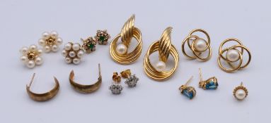 A collection of gold earrings, to include five pairs of 9 ct gold earrings,