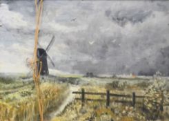 Windmill in a Fen Landscape, oil on board, signed John B, dated '62,