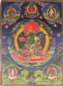 Five Tibetan thangkas depicting Green Tara, Chenresig, Mahakala,