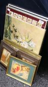 A quantity of pictures, prints and framed cigarette cards, to include JOAN HADFIELD, Still Life.