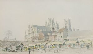 GEORGE WILLIAM MILLER (1919-1990) British, 'Ely Marketplace with Cathedral Beyond',
