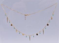 An 18 ct gold and turquoise necklace with alternating star, turquoise bead and spike drops.