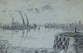 Two pen and ink drawings of The Entrance to Aberdeen Harbour and Deeside Aberdeen, by I T Marshall,