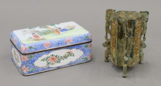 A Chinese enamel box and a Chinese bronze and jade vase. The former 16.5 cm long.