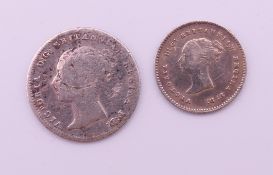 A Victorian 1838 silver two pence coin and an 1841 silver four pence coin.