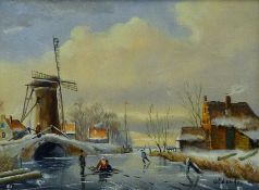 A pair of Dutch school oils on canvas, Winter Skating Scenes, each indistinctly signed, framed.