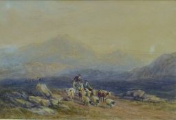 DAVID COX (1783-1859) British, Drovers and Cattle with Sheep in a Sunlit Mountain Landscape,