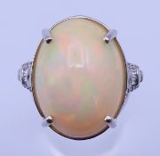 A platinum, opal and diamond ring. Opal 2 cm high, ring size O/P. 10.8 grammes total weight.