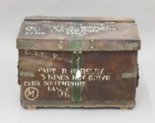 A leather campaign trunk with brass fittings and chains addressed to Capt R Horsley of Southport