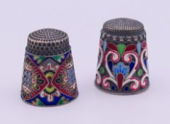 Two silver and enamel thimbles. Tallest 2.3 cm high.