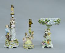 Three German Von Schierholz/Sitzendorf figural lamp bases/centrepieces.