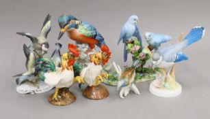 A collection of bird figurines, including Majolica, Crown Staffordshire, Kark Ens etc.