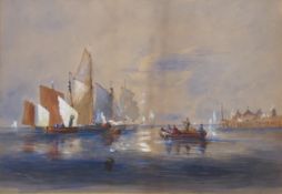 19TH CENTURY SCHOOL, 'Fishing Boats in a Harbour', watercolour, framed and glazed. 24.5 x 35 cm.
