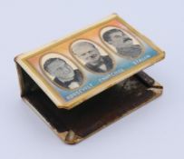 A vintage matchbox sleeve, one side depicting portraits of Roosevelt, Churchill and Stalin,