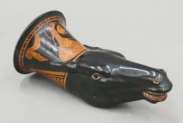 An antique Attic Greek pottery drinking cup formed as a horse's head. 18.5 cm long.