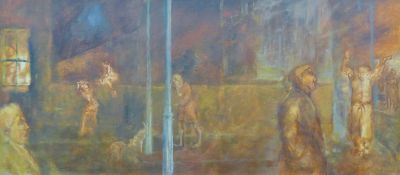 JIM GILBERT, 'Street Scene', oil on board, signed, framed. 39 x 89.5 cm.