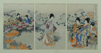 A 19th century Japanese woodblock triptych by Chikanobu (1838-1912), framed and glazed.
