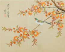 Two Chinese watercolours on silk, each depicting a bird in a tree, signed and with red seal mark,
