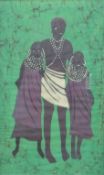 A Kenyan Batik depicting three figures, framed and glazed. 64.5 x 39 cm.