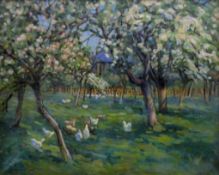E L RAWLINGS, Chickens in an Orchard, oil on canvas, signed, framed. 40 x 49.5 cm.